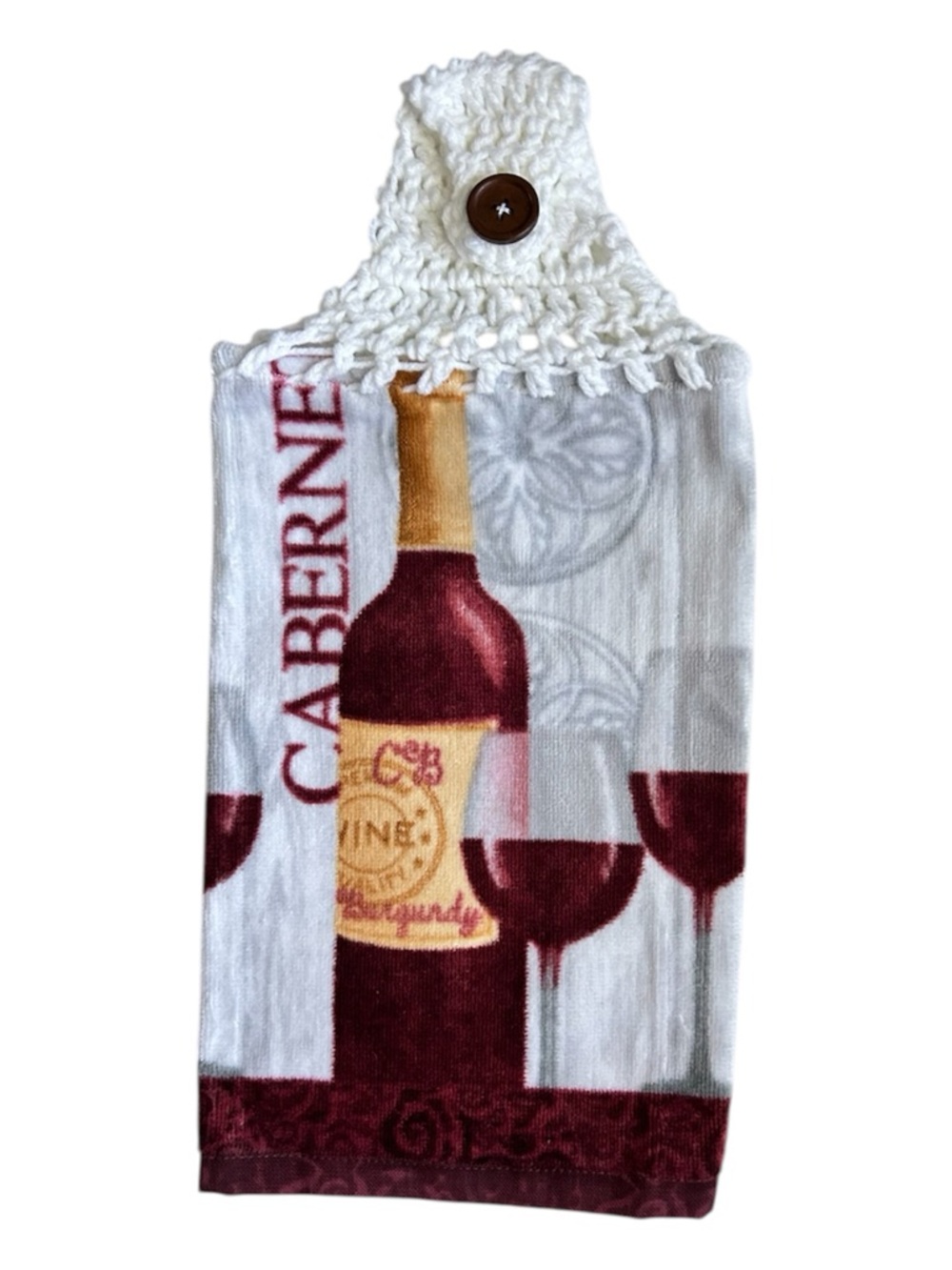 Hand Crafted Cabernet Wine Hanging Kitchen Towel with Burgundy and White Design